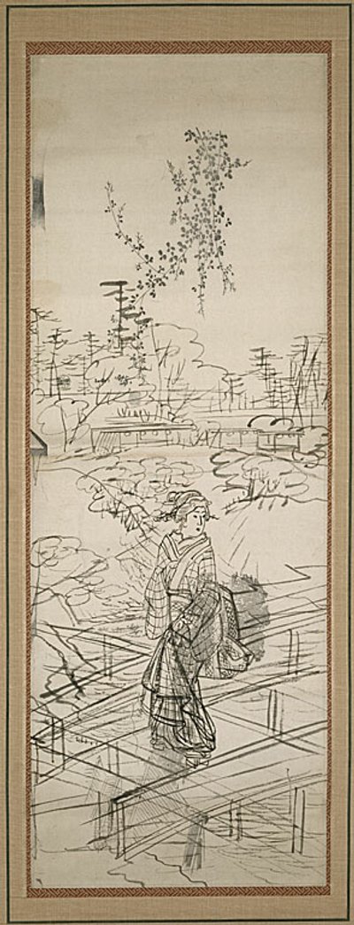 Skizze einer Frau, die eine Brücke überquert von Utagawa Hiroshige