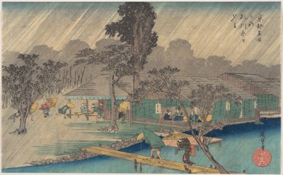 Teehäuser am Ufer des Tadasu-Flusses im Regen von Utagawa Hiroshige