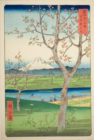 Die Vororte von Koshigaya in der Provinz Musashi, aus der Serie "Sechsunddreißig Ansichten des Berges Fuji" von Utagawa Hiroshige
