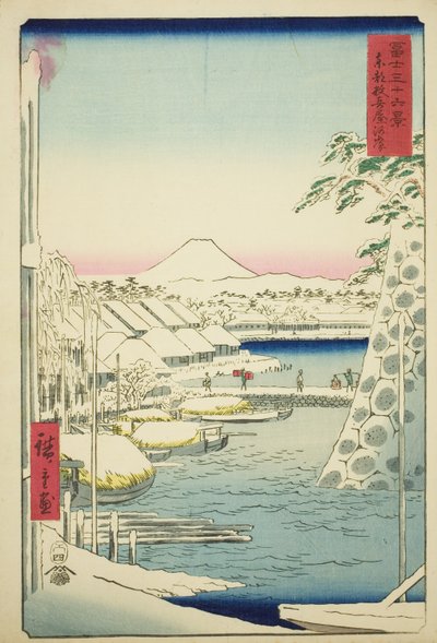 Das Flussufer bei Sukiya in der östlichen Hauptstadt (Toto Sukiyagashi), aus der Serie "Sechsunddreißig Ansichten des Berges Fuji (Fuji sanjurokkei)" von Utagawa Hiroshige