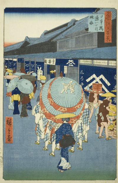 Ansicht von Nihonbashi Tori-itchome (Nihonbashi Tori-itchome ryakuzu), aus der Serie "Hundert berühmte Ansichten von Edo (Meisho Edo hyakkei)" von Utagawa Hiroshige