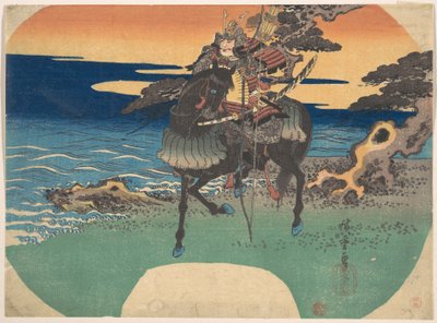 Krieger reitet auf schwarzem Pferd entlang der Meeresküste von Utagawa Hiroshige
