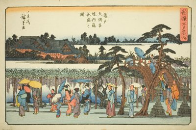 Blauregen in voller Blüte im Bezirk des Kameido Tenmangu Schreins, aus der Serie "Neu ausgewählte berühmte Orte in Edo" von Utagawa Hiroshige