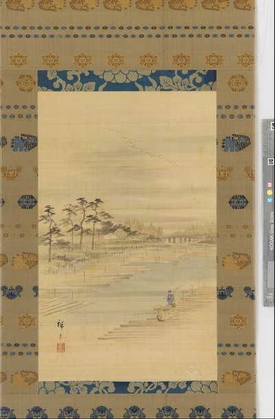 Flusslandschaft: Holzlager und Flöße, Mitte 19. Jahrhundert von Utagawa Hiroshige II