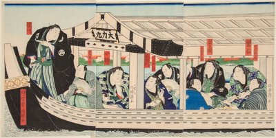Der Sumo-Ringer Dairiki Maru auf einem Boot mit Freunden von Utagawa Kuniteru