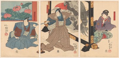 Drei Schauspieler bei einem Wandschirm von Utagawa Kuniyoshi