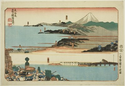Nihonbashi, Shinagawa, Kawasaki und Kanagawa, aus der Serie "Berühmte Orte an den 53 Stationen des Tokaido, Vier Stationen (Tokaido gojusan eki yonshuku meisho)" von Utagawa Kuniyoshi