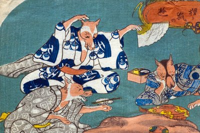 Waschbär und Fuchs beim Spielen (Tanuki to kitsune no asobi), ca. 1842 von Utagawa Kuniyoshi