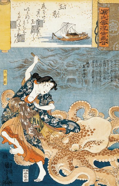 Tamatori (weibliche Ama-Taucherin), wird von einem Oktopus angegriffen, während sie ein heiliges Juwel greift von Utagawa Kuniyoshi