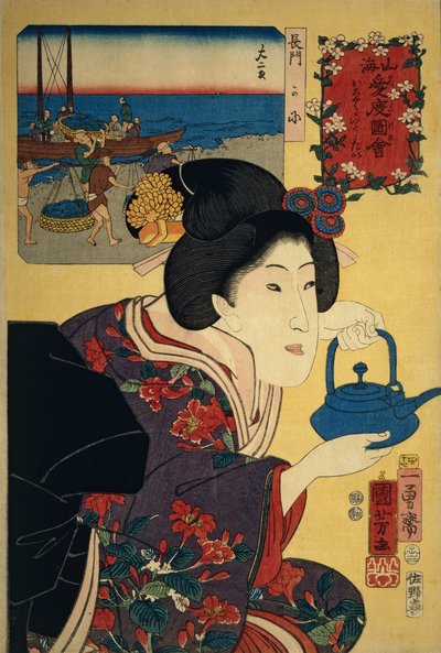 Kellnerin mit Sake-Kessel, mit Nagato-Strand im Hintergrund von Utagawa Kuniyoshi