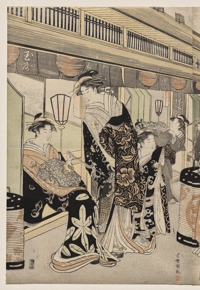 Kurtisanen promenieren auf der Nakanochō von Utagawa Toyokuni