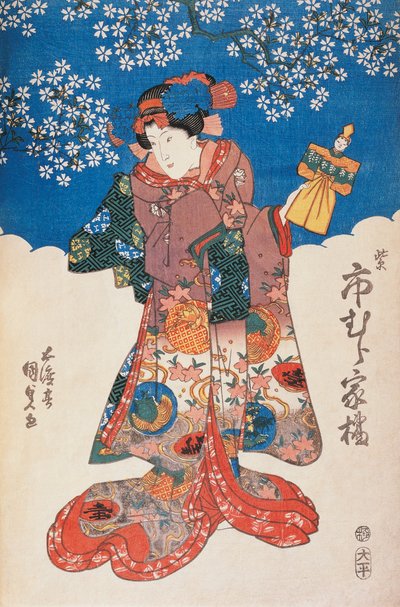 Frau im Kimono mit Puppe und Hintergrund dekoriert mit Apfelblüten, Holzschnitt von Utagawa Toyokuni