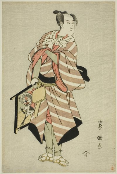 Der Schauspieler Sawamura Sojuro III als Packpferd-Mann Muchizo im Stück "Miyamairi Musubi no Kamigaki," aufgeführt im Kiri-Theater im elften Monat, 1797 von Utagawa Toyokuni I