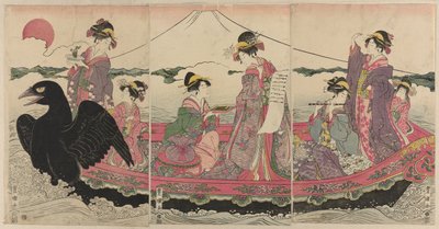 Frauen auf einem Boot zu Neujahr, die die Sieben Glücksgötter nachahmen von Utagawa Toyokuni I