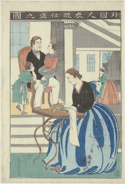 Westliche Frau an einer Nähmaschine von Utagawa Yoshikazu