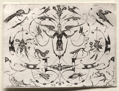 Arabeske mit Pfau, Sittich, Hunden und Insekten von Valentin Sezenius
