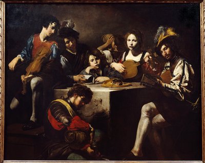 Das Konzert im Flachrelief. Musiker versammelt um einen skulptierten Altar. Gemälde von Valentin de Boulogne (1591-1632) von Valentin de Boulogne