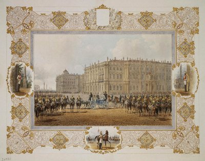 Parade des Horse-Guardsmen-Regiments vor dem Winterpalast, 1850er Jahre von Vasili Semenovich Sadovnikov