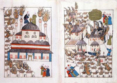 Ein Brand in Konstantinopel im Jahr 1660. Miniatur aus „Türkische Denkmäler“ (Codex Cicogna 1971 „Memorie Turchesche“) Aquarell aus der venezianischen Schule des 17. Jahrhunderts von Venetian School
