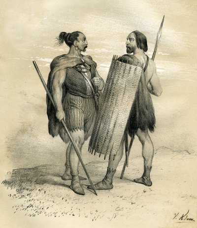 Fränkische und Sicamber-Krieger um das Jahr 254. Die Sicamber waren ein germanisches Volk südlich der Lippe, das im 8. Jahrhundert von den Römern unterworfen und dann in das fränkische Volk integriert wurde. Gravur von Victor Adam (1801-1866) im Buch „Fran von Victor Adam