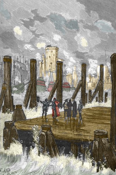 Belagerung von La Rochelle (1627-1628): „Der Kardinal von Richelieu (1585-1642) auf dem Damm von La Rochelle während der Belagerung der Stadt, Waffenplatz der Protestanten im Oktober 1628“ von Victor Armand Poirson