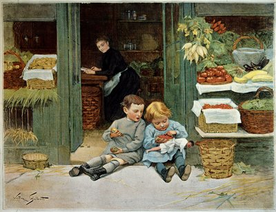 Tour ihn. Kind isst Toast vor den Einkäufen seiner Mutter. Das kleine Mädchen hat eine Puppe auf den Knien. Gemälde von Victor Gilbert (1847-1935). Paris, Decorative Arts von Victor Gabriel Gilbert
