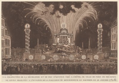 Die Dekoration und das Feuerwerk... die Geburt von Monseigneur le Dauphin feiern von Victor Jean Nicolle