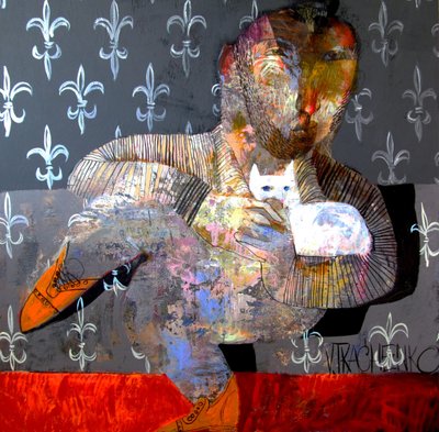 Abstrakter Mann mit Katze von Victor Tkachenko