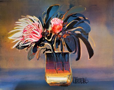 Kühnes Protea-Stillleben von Victor Tkachenko
