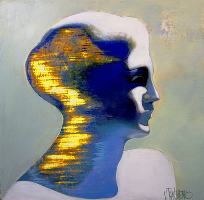 Goldenes blaues abstraktes Porträt von Victor Tkachenko