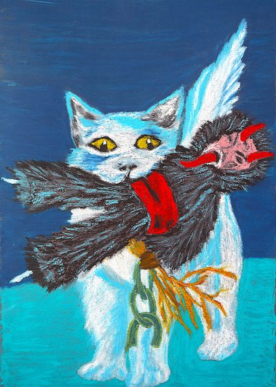 Geflügelte Katze fängt Dämon von Viktoriia Saunina