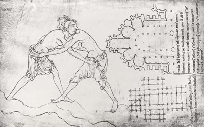 Ms.Fr.19093 fol.14v Zwei Ringer, Plan einer Zisterzienserkirche und Plan des Chors von Notre-Dame de Cambrai (Faksimilekopie) von Villard de Honnecourt