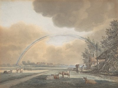 Landschaft mit einem Regenbogen über einem Bauernhaus und einem entfernten Dorf, n.d. von Vincent Jansz. van der Vinne