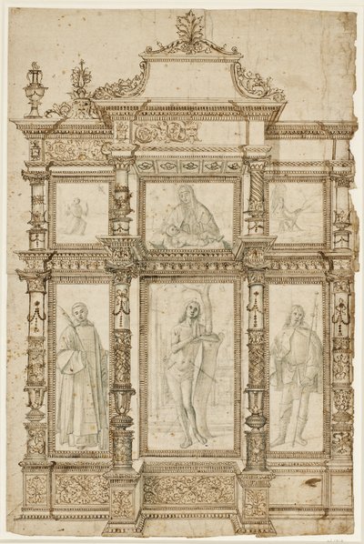Studie für ein Altarbild mit sechs Bildern in einer verzierten Rahmenstruktur. Oben: Die Stigmatisation des Hl. Franziskus, Madonna mit Kind, Hl. Hieronymus in der Wildnis; unten: Hl. Laurentius, Sebastian und Rochus von Vittore Carpaccio