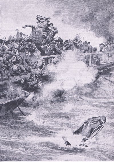 Sewastopol: Der Rückzug über die Pontonbrücke, Illustration aus British Battles on Land and Sea, 1915 von Wal Paget