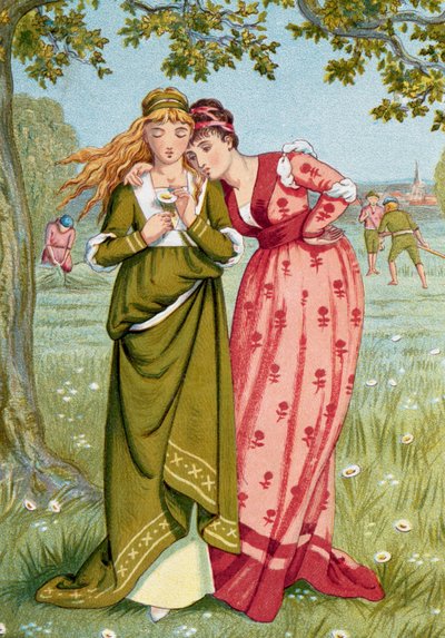 Mittelalter: "Er liebt mich, er liebt mich nicht" Ein junges Mädchen zupft eine Margerite, um zu wissen, ob der Mann, den sie liebt, sie liebt. Illustration von Walter Crane von Walter Crane