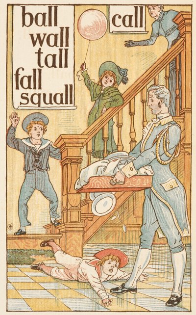 Reimwörter, die mit dem Buchstaben L enden. Kinder und ein Butler. Der Goldene Primer von Walter Crane