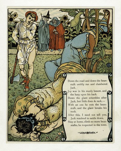Der Riese bricht sich das Genick, aus dem Bilderbuch „Blaubart“, veröffentlicht 1879 von Walter Crane