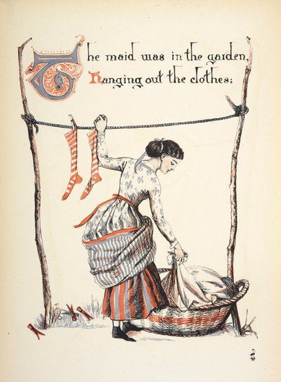 Das Dienstmädchen war im Garten und hängte die Wäsche auf. von Walter Crane