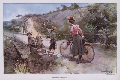 Beratung der Autoritäten: Frau auf einer Radtour fragt eine Gruppe von Kindern nach dem Weg von Walter Granville Smith