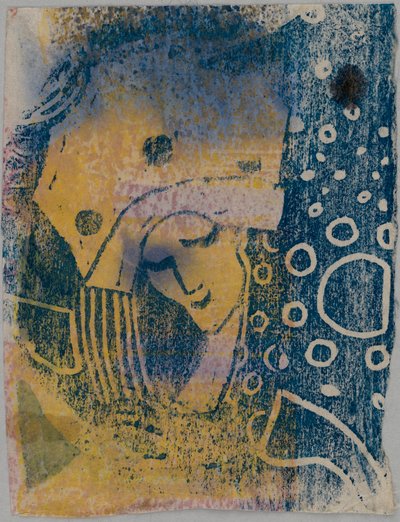 Farbholzschnitt-Probedrucke; Vorderseite: Frauenkopf mit großer Haube, Hintergrund mit Kreismusterung; Rückseite: Hand, stehende Gestalten von Wassily Kandinsky