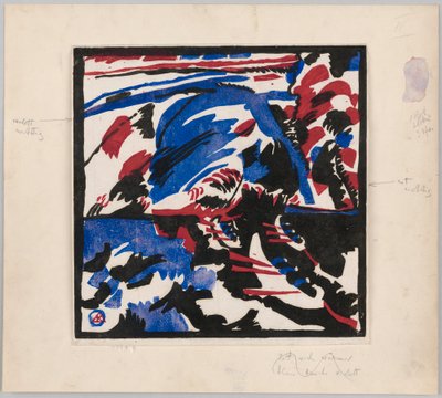 Holzschnitt zu dem Gemälde "Kahnfahrt" (Probedruck mit Anweisungen für Kandinskys Buch "Klänge" (1912), S. 49) von Wassily Kandinsky