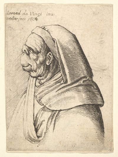 Büste eines Mannes mit kleiner Stupsnase und sehr hoher Oberlippe, mit Kapuze, im Profil, 1666 von Wenceslaus Hollar