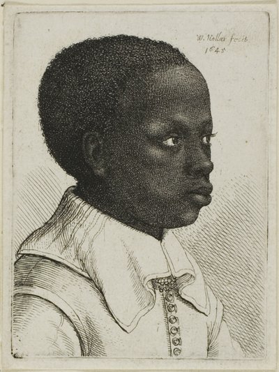 Kopf eines jungen schwarzen Jungen im Profil nach rechts von Wenceslaus Hollar