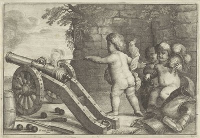 Putti feuern eine Kanone ab: Das Element Feuer von Wenceslaus Hollar