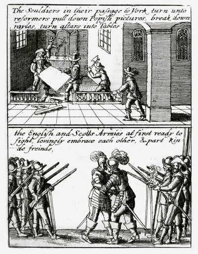 Soldaten zerstören religiöse Bilder in einer Kirche; englische und schottische Soldaten umarmen sich von Wenceslaus Hollar