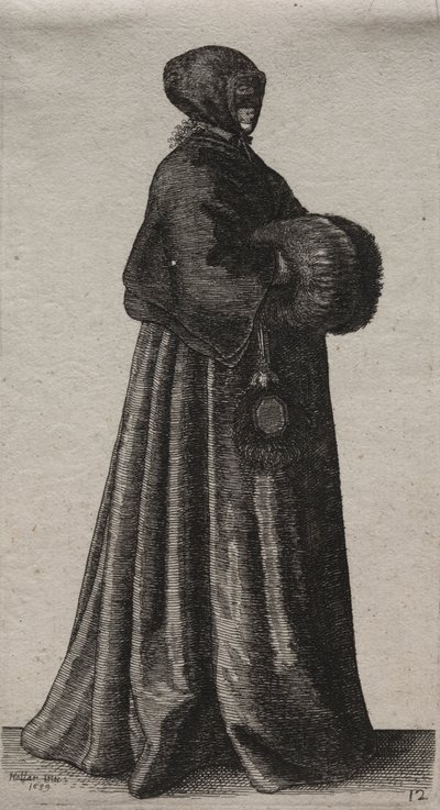 Die Frau mit Maske, Kapuze und Muff von Wenceslaus Hollar