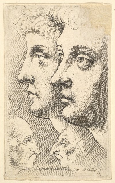 Zwei Jugendliche im Profil mit zwei grotesken Köpfen darunter von Wenceslaus Hollar