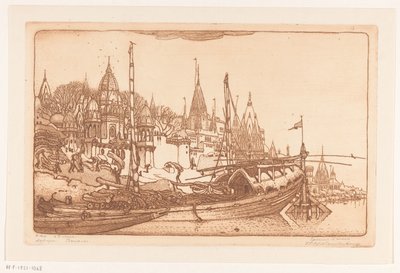 Schiff mit Brennholz am Ufer des Ganges in Benares von Wijnand Otto Jan Nieuwenkamp (signed by artist)