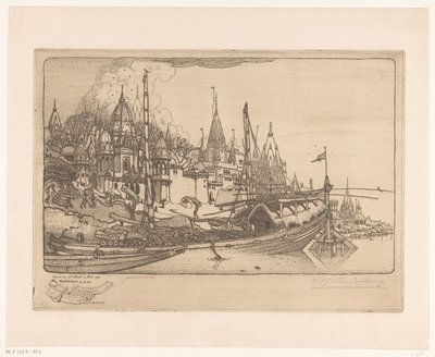 Schiff mit Brennholz am Ufer des Ganges in Benares von Wijnand Otto Jan Nieuwenkamp (signed by artist)